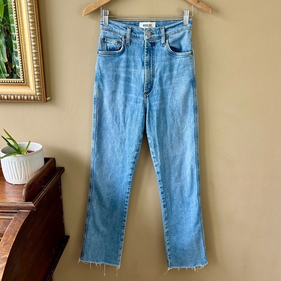 AGOLDE Pinch Waist Straight Jeans High Rise Cut Off Raw Hem Light Divide Wash 24 - Picture 3 of 16